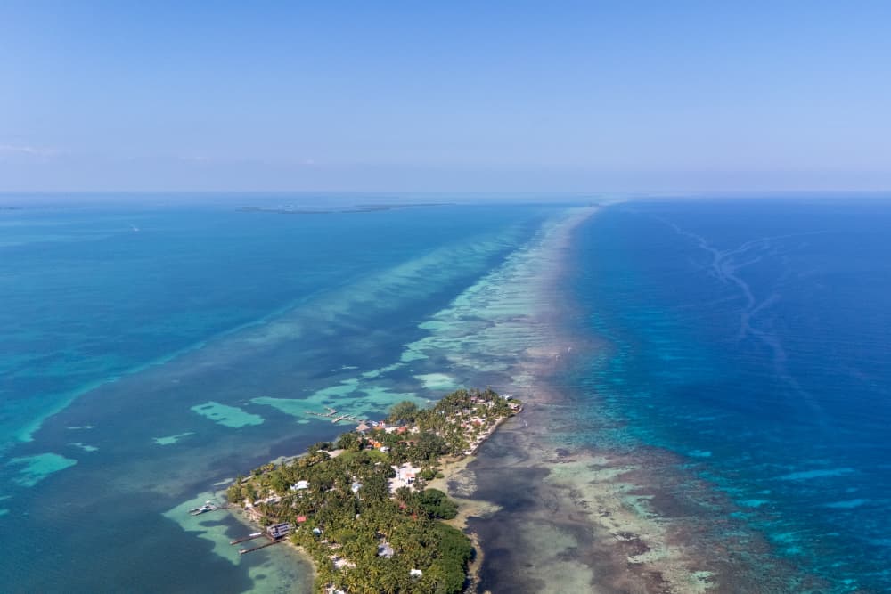 Aerial view of a lush island surrounded by vibrant blue waters and a coral reef.