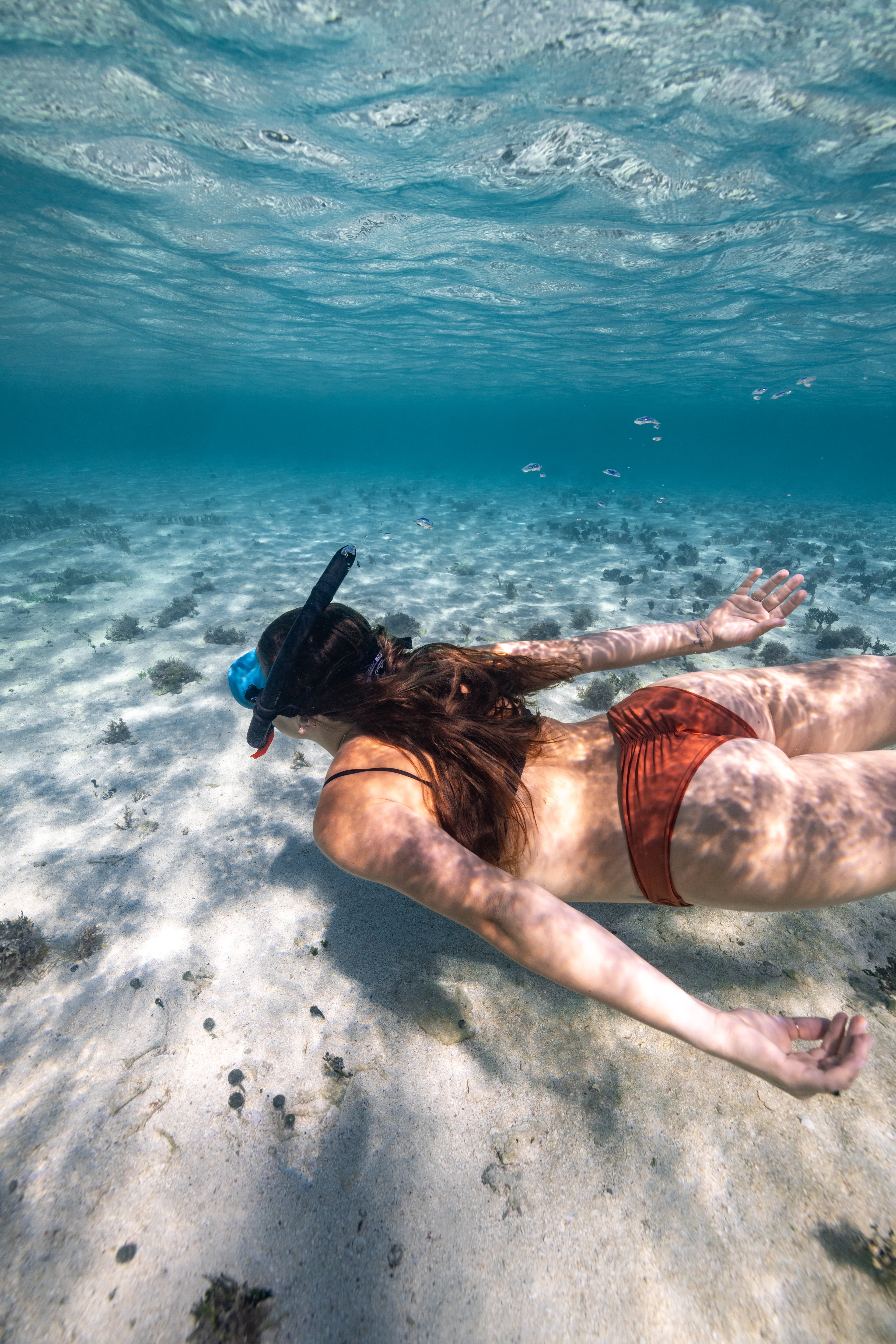 A person in a snorkel mask swims underwater over a sandy sea floor.