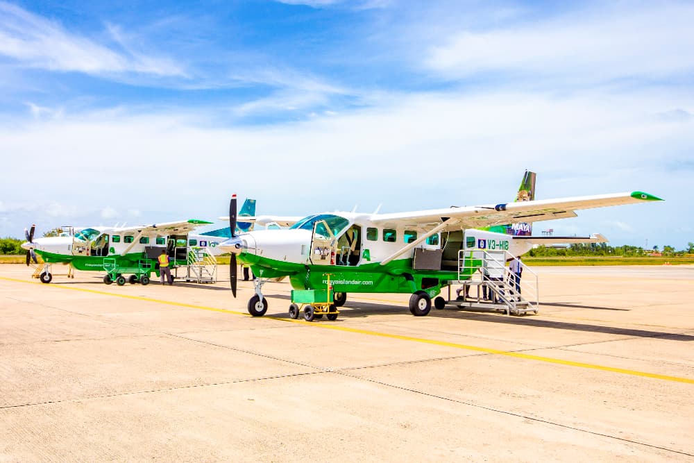 Two small planes with green and white designs parked on a tarmac under a blue sky.