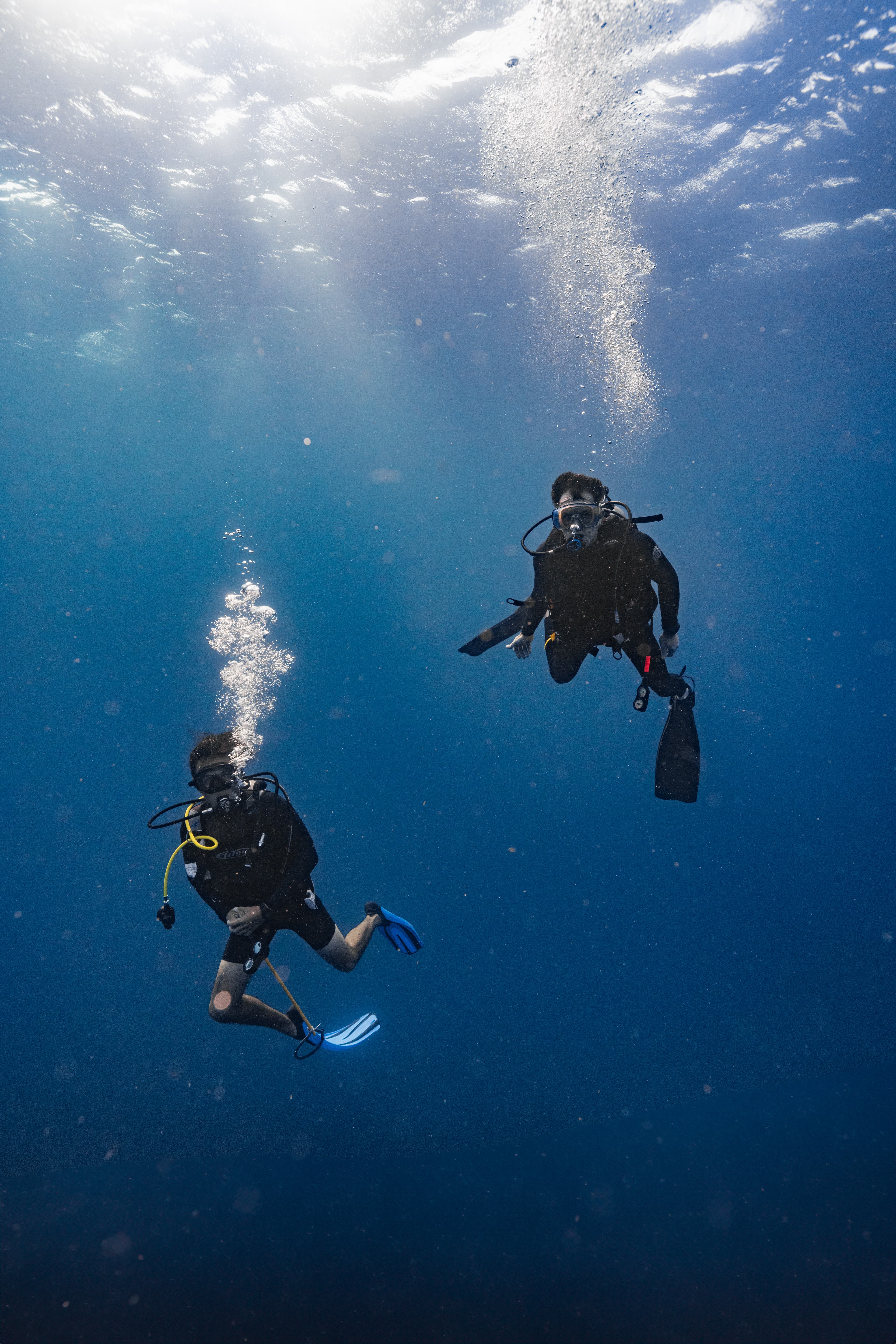 Two scuba divers exploring underwater with bubbles rising around them.