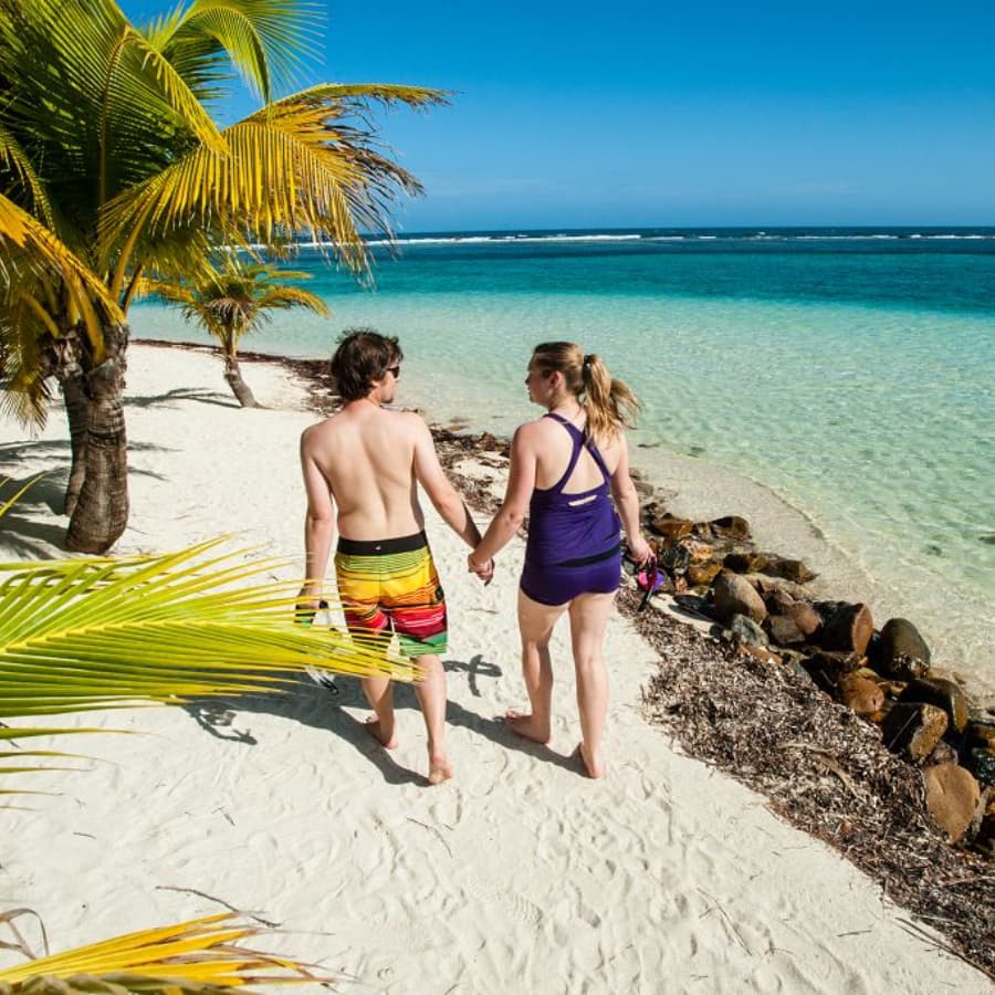 A couple walks hand-in-hand along a sandy beach with clear turquoise water and palm trees.