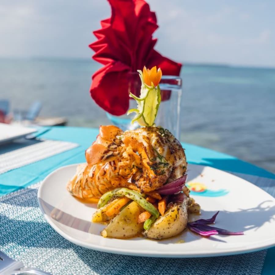 A gourmet lobster dish served with seasoned vegetables and garnished with a flower, set against a seaside backdrop.